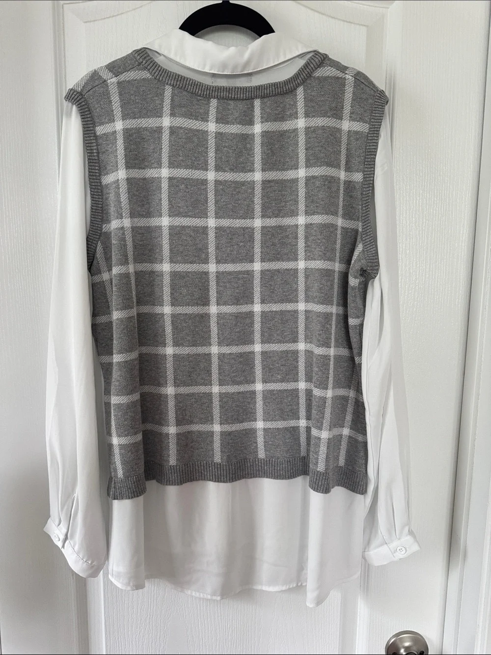 Adrianna Papell Gray Windowpane Knit V-Neck Vest with White Shirt